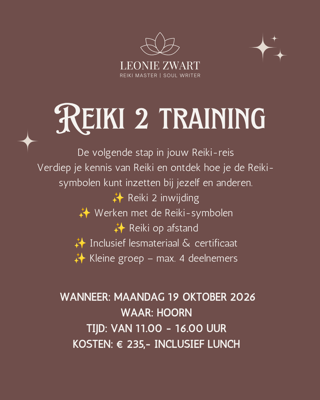 Reiki niveau 2 training maandag 19 oktober 2026